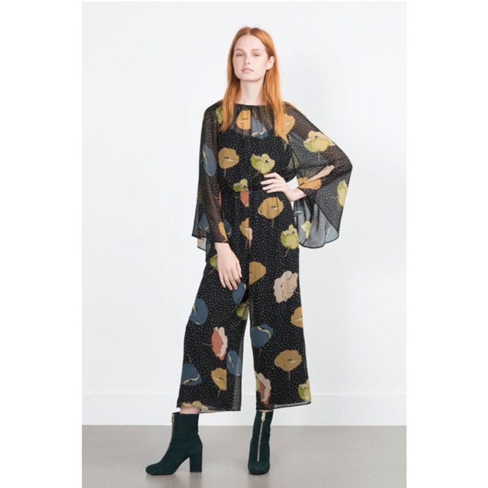 Zara Trafaluc Black Floral Polka Dot Sheer Jumpsuit